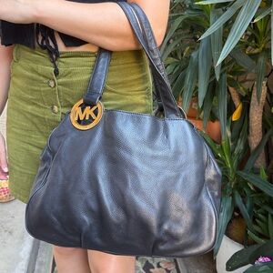 Vintage Michael Kors Black Pebble Leather Shoulder Bag with Gold Accents